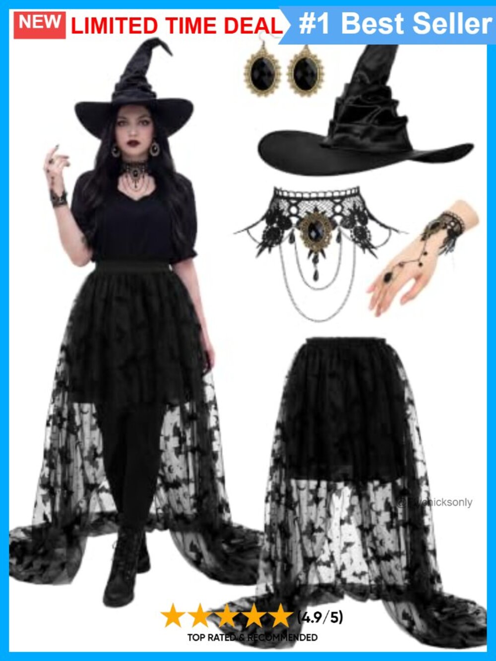 5 Pack Halloween Witch Costume Set Tulle Skirt Hat Gothic Jewelry